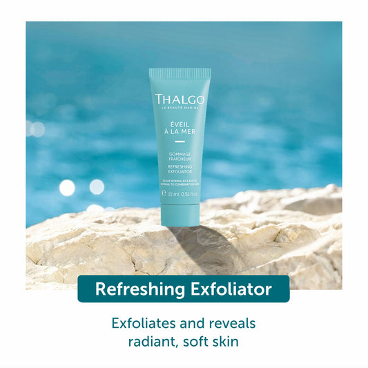 Thalgo Refreshing Exfoliator teal tube with 'Refreshing Exfoliator' banner