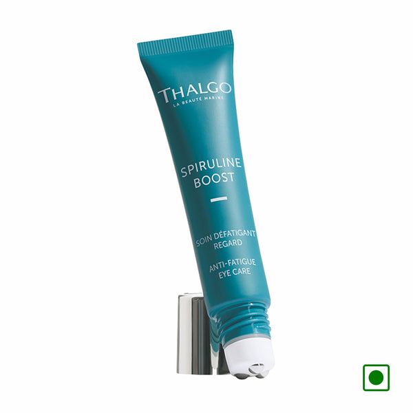Thalgo anti-fatigue eye care tube, teal squeeze tube with white applicator tip