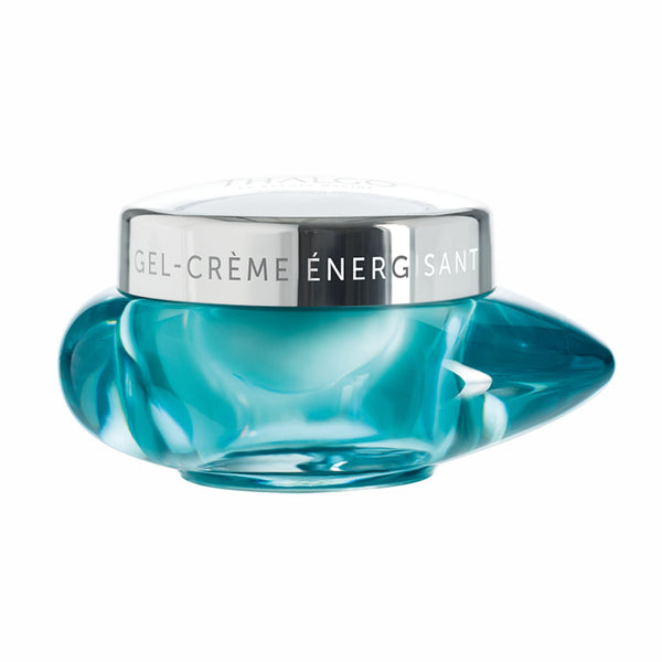 Thalgo energising gel-cream jar with silver lid and teal glass base