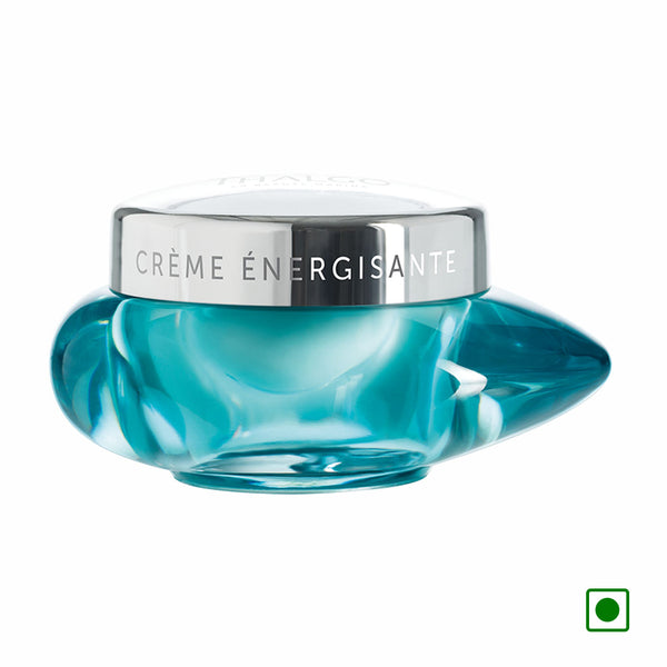 Thalgo energising cream jar with teal glass body and silver screw cap