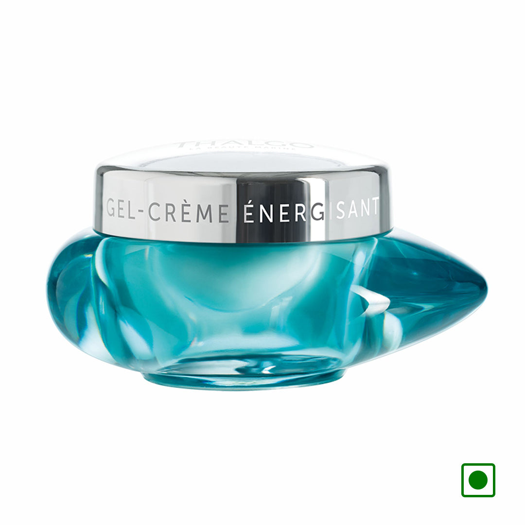 Thalgo energising gel-cream jar with teal glass base and silver lid