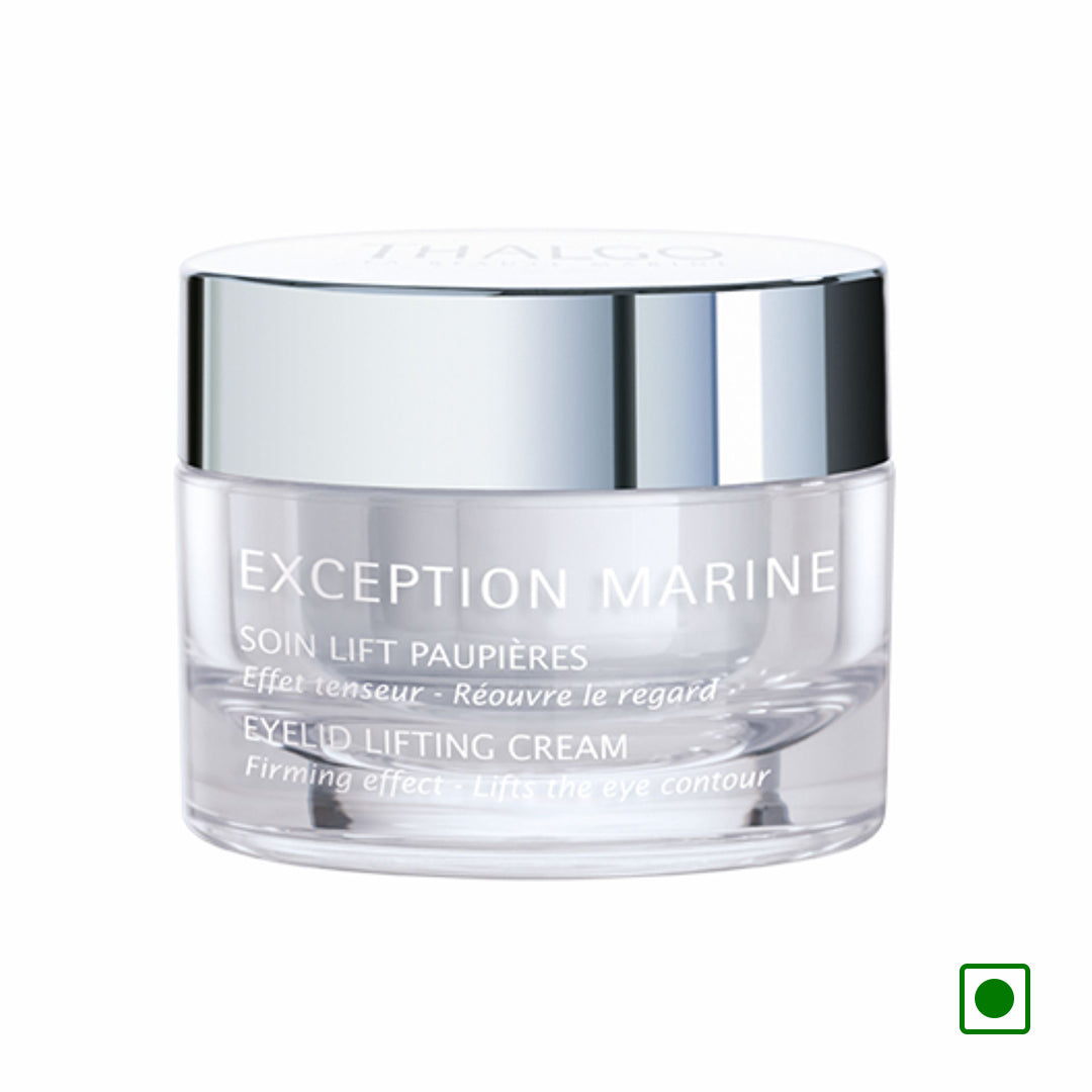 Thalgo eyelid lifting cream in clear glass jar with silver lid, 15 ml