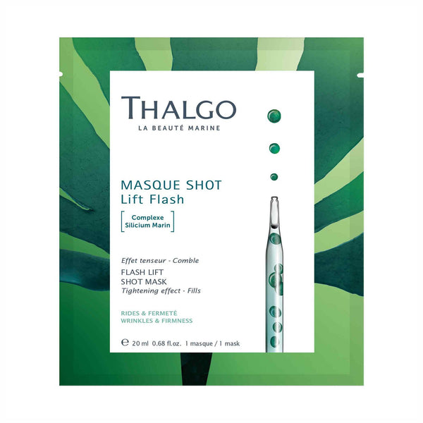 Thalgo Flash Lift Shot sheet mask pack, green and white pouch