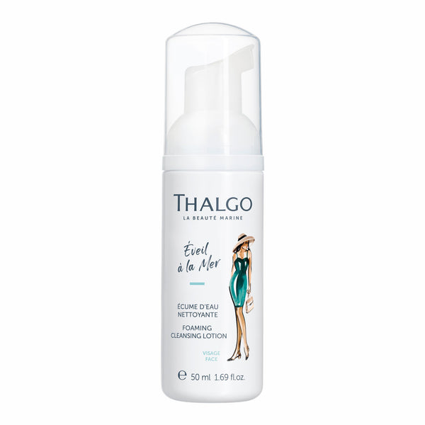 Thalgo foaming cleansing lotion bottle, clear pump, white bottle, 50 ml