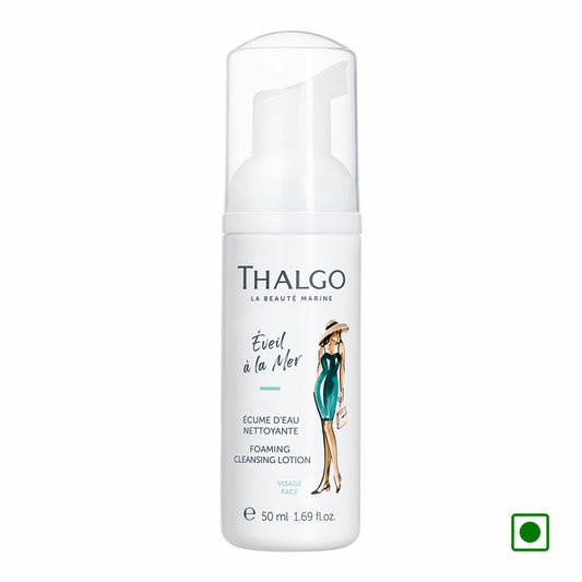 Thalgo foaming cleansing lotion bottle, clear pump with white liquid, 50 ml