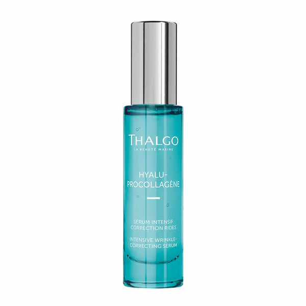 Wrinkle-correcting serum bottle, teal glass with silver pump cap, 30 ml