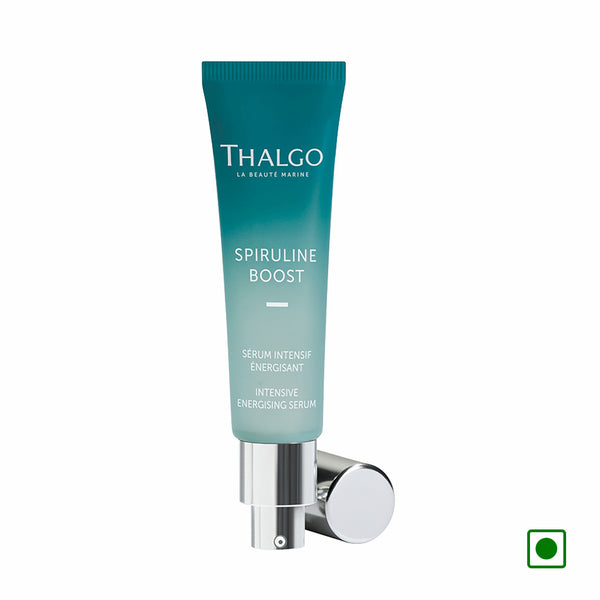 Thalgo Spiruline Boost energising serum in teal squeeze tube with silver pump cap