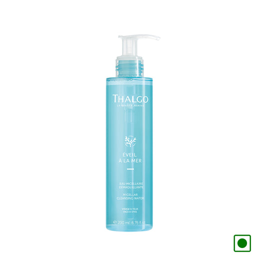 Thalgo micellar cleansing water bottle, blue translucent with pump dispenser and label