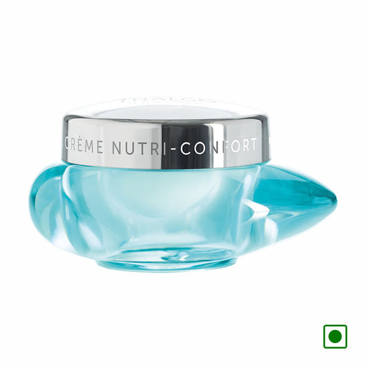 Thalgo Nutri-Comfort cream jar with translucent blue base and silver lid