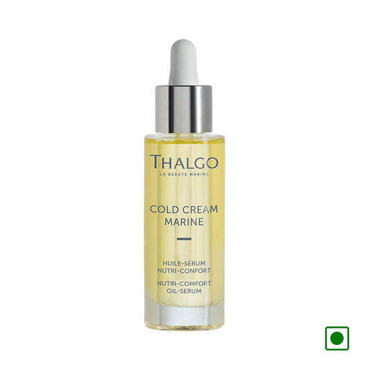 Thalgo cold cream marine oil-serum bottle with dropper, gold liquid, silver cap