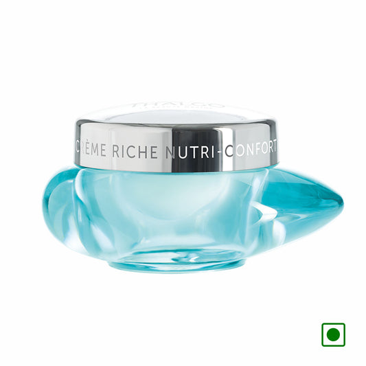 Thalgo Nutri-Comfort skincare cream jar, blue glass base with silver lid