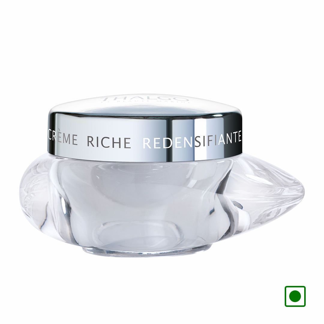 Thalgo rich redensifying cream jar with silver-toned lid, clear glass base