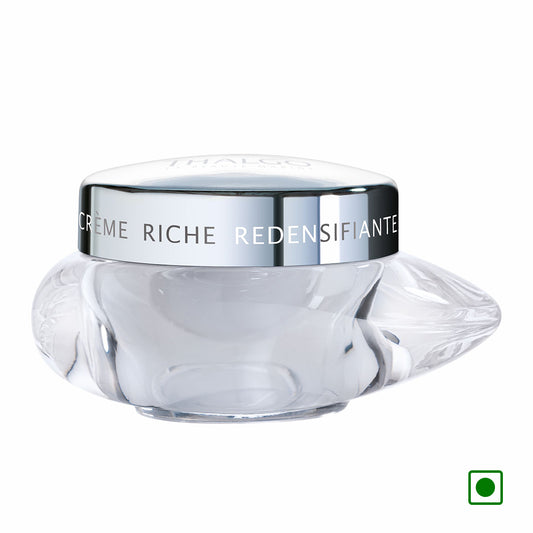 Thalgo rich redensifying cream jar with silver-toned lid, clear glass base