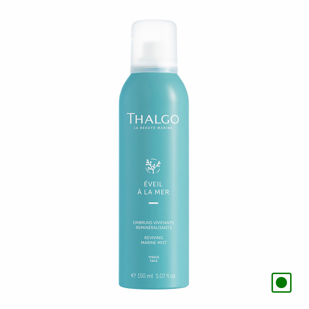 Facial mist bottle, teal liquid, white cap, THALGO Reviving Marine Mist 150ml