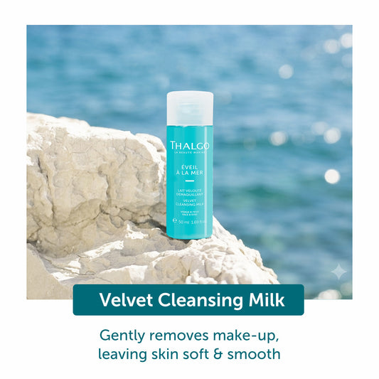Thalgo Velvet Cleansing Milk 50ml bottle with white flip-top cap and teal label