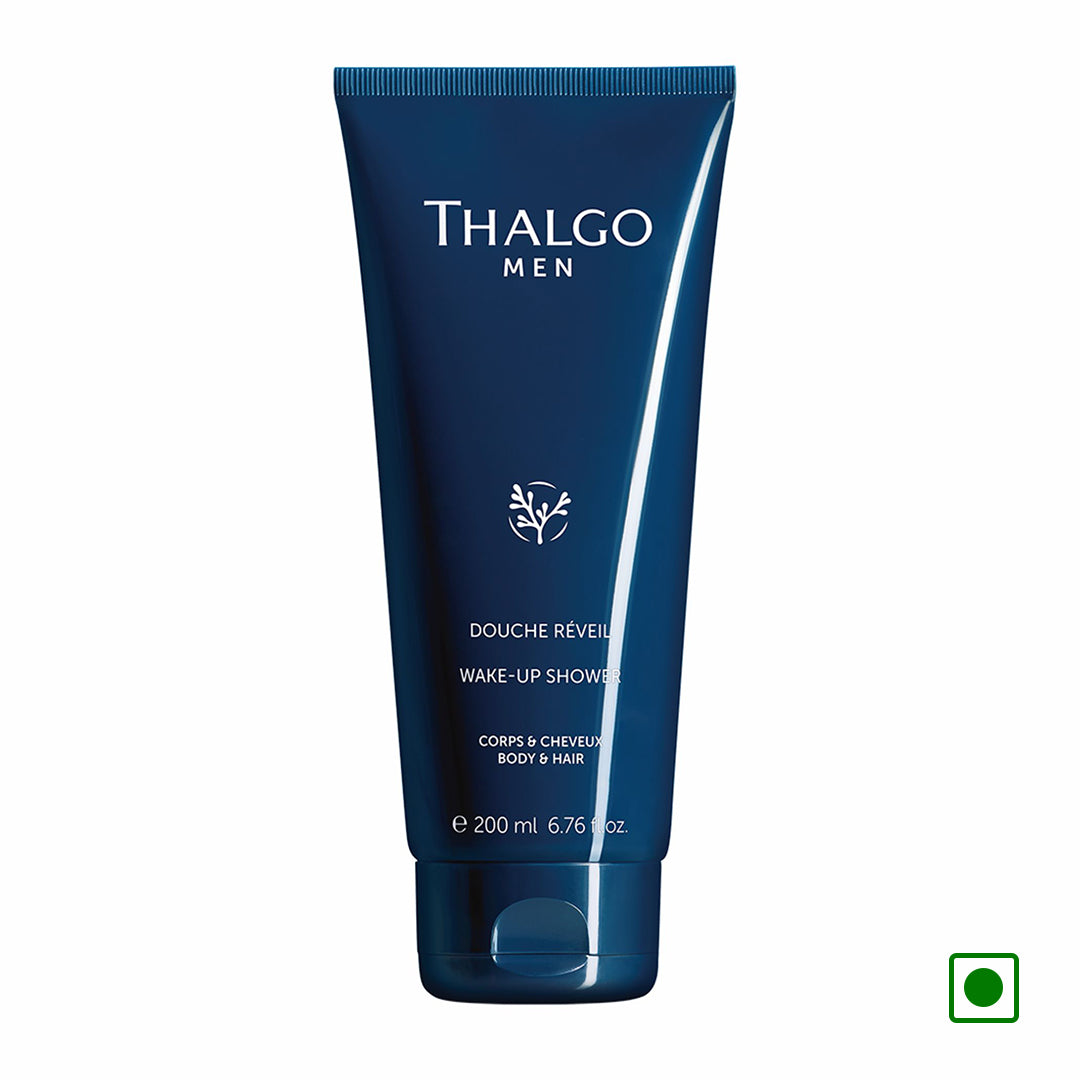 Thalgo Men wake-up shower gel, 200 ml tube for body & hair, dark blue