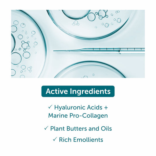 Active ingredients graphic with lab glassware and bubbles for rich wrinkle cream