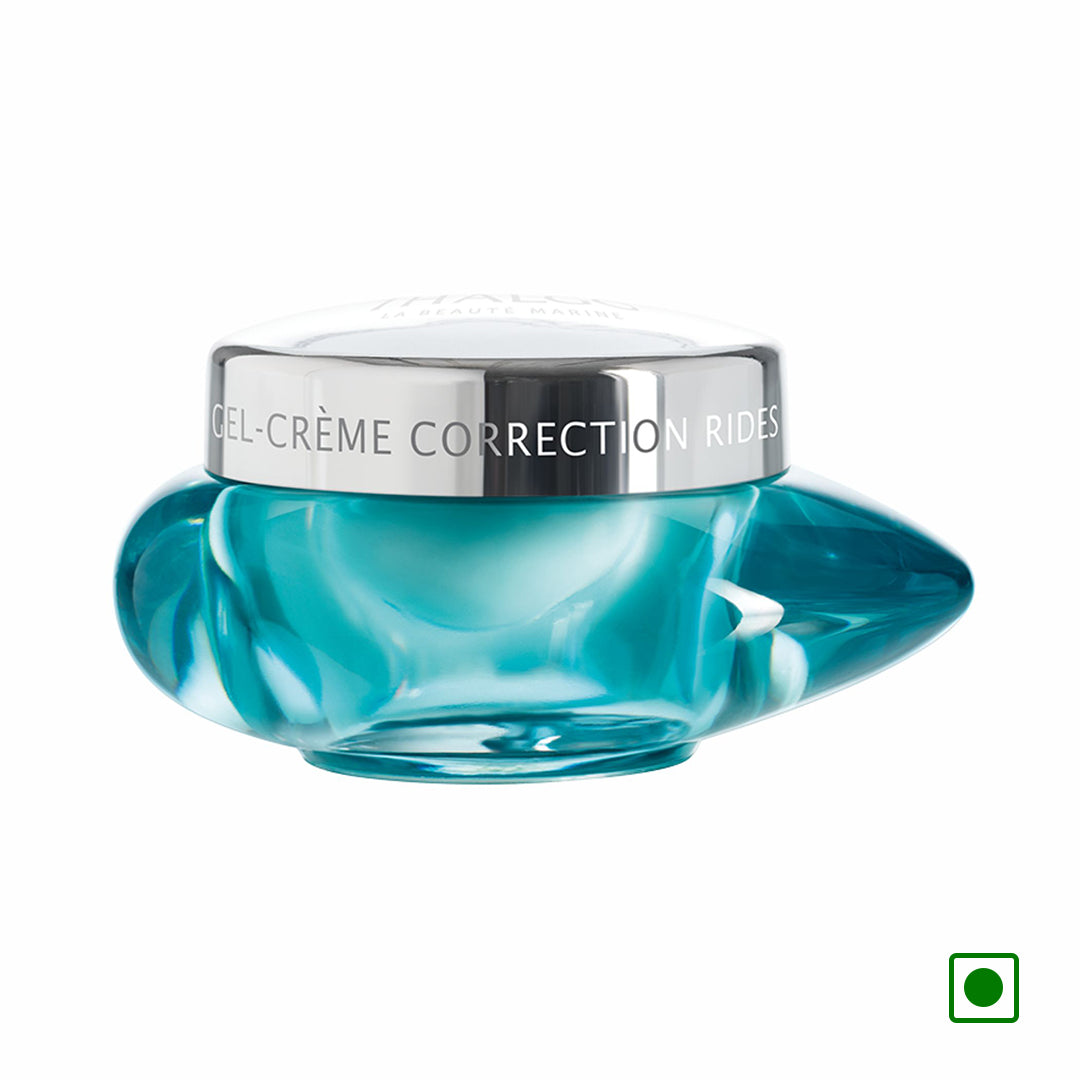 Thalgo wrinkle-correcting gel-cream jar with teal glass body and silver lid